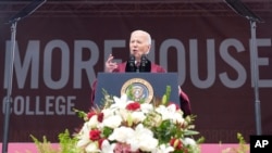 President Joe Biden speaks to graduating students at the Morehouse College commencement, May 19, 2024, in Atlanta, Georgia.