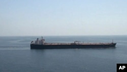 This frame grab from video footage released on April 28, 2023, by the Iranian Navy, shows the Advantage Sweet oil tanker in the Gulf of Oman.
