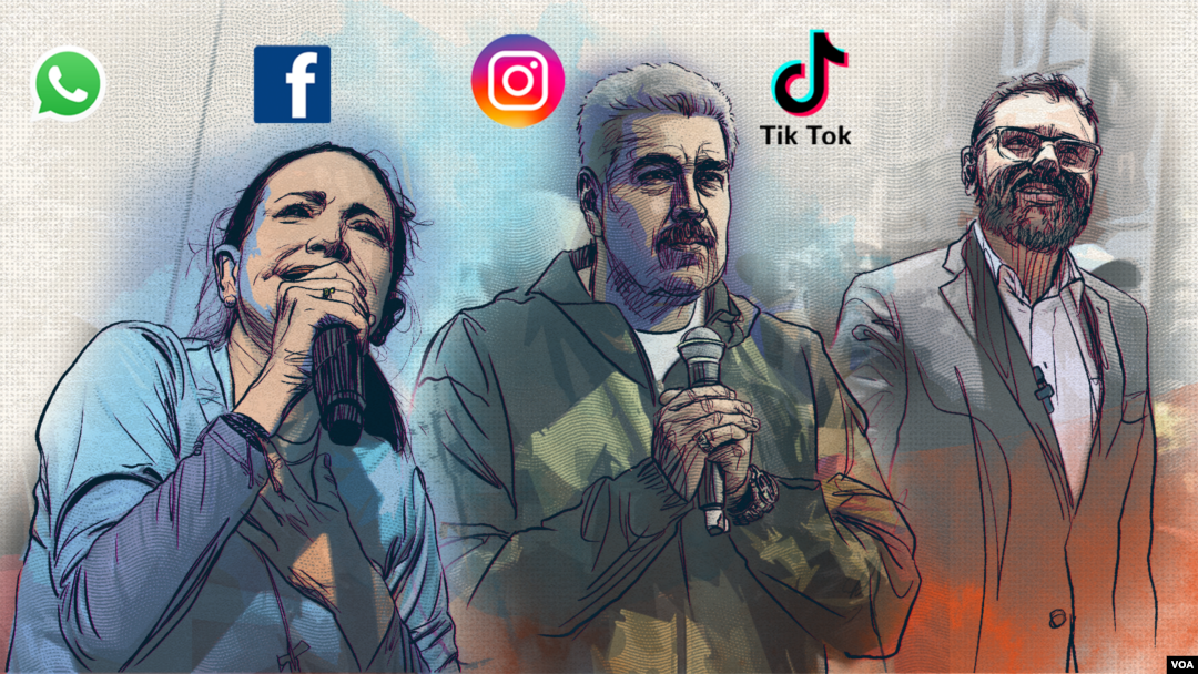 Fotocomposición a propósito del uso de redes sociales en la campaña presidencial de Venezuela, que muestra a la ganadora de la primaria opositora, María Corina Machado; al presidente y aspirante a la reelección Nicolás Maduro; y al postulado de Lápiz, Antonio Ecarri. [VOA]