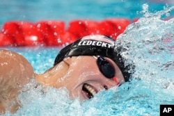 Katie Ledecky of the United States competes in the women's 800-meter freestyle final at the Summer Olympics in Nanterre, France, Aug. 3, 2024.