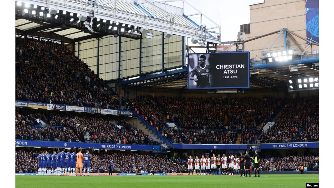 FILE - A moment of silence is held in memory of Christian Atsu, during a Premier League match between Chelsea and Southampton, at Stamford Bridge, London, Britain, Feb. 18, 2023.