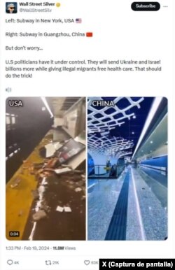 Un influencer de X publicó una comparación de videos que muestra un metro inundado con la etiqueta EEUU junto a un video futurista de una estación de metro marcada con China.