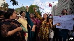 Members of Pakistan's transgender community protest in Karachi, Pakistan, May 20, 2023. Though the Transgender Persons (Protection of Rights) Act was passed by Parliament in 2018 to secure the fundamental rights of transgender Pakistanis, the Federal Shariat Court struck down several provisions of the law on Friday, terming them “un-Islamic.”
