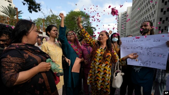 Members of Pakistan's transgender community protest in Karachi, Pakistan, May 20, 2023. Though the Transgender Persons (Protection of Rights) Act was passed by Parliament in 2018 to secure the fundamental rights of transgender Pakistanis, the Federal Shariat Court struck down several provisions of the law on Friday, terming them “un-Islamic.”