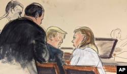 In this courtroom sketch, Trump adviser Boris Epshteyn, foreground left, leans over Donald Trump to confer with him and lead defense attorney Alina Habba, right, prior to jury selection in Federal Court, in New York, Jan. 16, 2024.