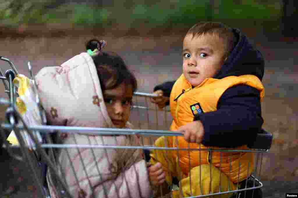 Murat Ayaz, 2, and his sister Halime, 3, from the Turkish city of Diyarbakır are pictured in a shopping cart on their way with their parents to a compound for migrants at the arrival center for asylum seekers in Berlin.