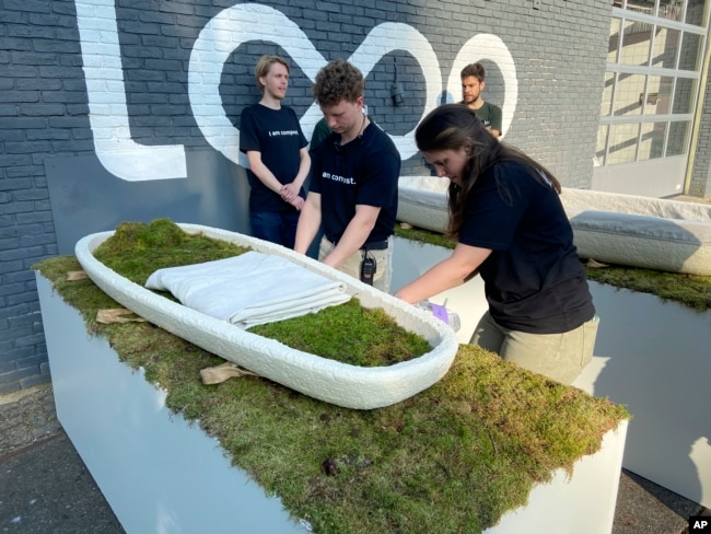 Dutch startup Loop Biotech displays cocoon-like coffins, grown from local mushrooms and up-cycled hemp fibres, designed to dissolve into the environment amid growing demand for more sustainable burial practices, in Delft, Netherlands, May 22, 2023.