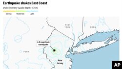 The map above locates the 4.8-magnitude earthquake that shook parts of the East Coast near New York on Friday, April 5 and plots its shake intensity.