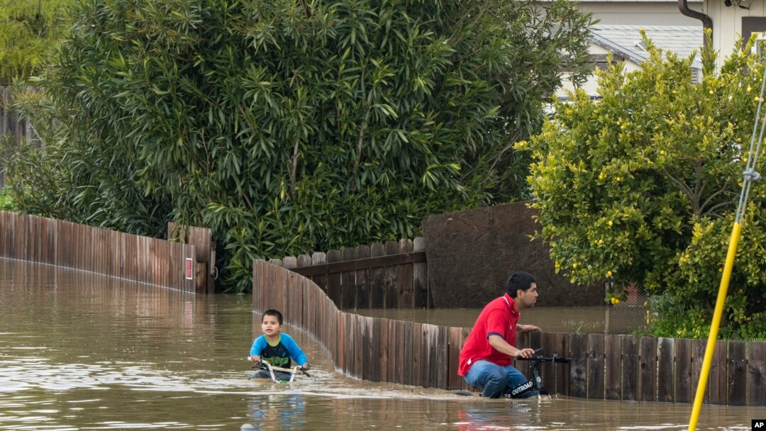 Un niño y un hombre andan en bicicleta a través de las inundaciones en Watsonville, California, el sábado 11 de marzo de 2023. (Foto AP/Nic Coury)