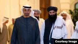 UAE President Sheikh Mohamed bin Zayed Al Nahyan, left, receives Taliban Interior Minister Sirajuddin Haqqani, right, at his place in Abu Dhabi, June 4, 2024. (Courtesy: Haqqani office)