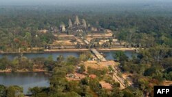 This file photo taken on March 5, 2020 shows an aerial view of Angkor Wat temple in Siem Reap province. 