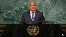FILE - President of Micronesia David Panuelo addresses the U.N. General Assembly on Sept. 22, 2022. Panuelo has accused China of “political warfare” and discussed switching diplomatic allegiance from China to Taiwan in exchange for $50 million.