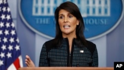 FILE - Nikki Haley, then-U.S. Ambassador to the United Nations, speaks during a news briefing at the White House, in Washington, Sept. 15, 2017.