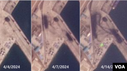 라진항의 지난 4월 변화 모습. 4일(왼쪽)까지 맨 바닥을 드러내던 곳에 7일과 14일 석탄이 점차 쌓인 장면을 볼 수 있다. 사진=Planet Labs