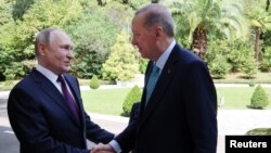 Russian President Vladimir Putin meets with Turkish President Tayyip Erdogan in Sochi, Russia, September 4, 2023. 