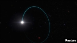 An artist's impression shows the orbits of the most massive stellar black hole in our galaxy, dubbed Gaia BH3and a companion star, in this handout image obtained by Reuters on April 16, 2024.