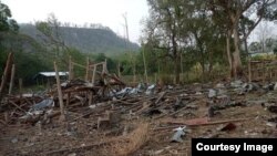 လေကြောင်းက ဗုံးကြဲတိုက်ခိုက်ခံခဲ့ရတဲ့ ကယားပြည်နယ် (ဒေသအခေါ် ကရင်နီပြည်နယ်) ဘော်လခဲမြို့မြောက်ဘက်က စောလုံကျေးရွာ (မေ ၁၇၊ ၂၀၂၃)