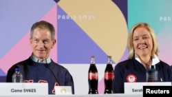 U.S. Olympic Committee chair Gene Sykes, left, and chief executive officer Sarah Hirshland attend a press conference at the Paris 2024 Olympics on July 25, 2024. Sykes has sought to reassure sports officials about competing in the U.S. (Kirby Lee/USA Today via Reuters)