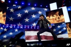 Kid Rock performs during the 2024 Republican National Convention at the Fiserv Forum, July 18, 2024, in Milwaukee.