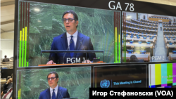 Претседателот на С. Македонија, Стево Пендаровски држи говор на Генералното Собрание на Обединетите нации во Њујорк. Фотографирано од медија центарот на ОН (22 септември, 2023 година)