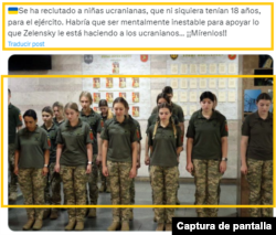 Captura de la publicación sacada de contexto publicada en X (con traducción automática al español) en donde se desinforma sobre el reclutamiento de Ucrania.