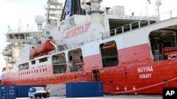 In this photo provided by the Australian Antarctic Division, the icebreaker RSV Nuyina is tied up at a port in Hobart, Australia, Sept. 10, 2023. 