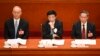 左起：2023年3月7日中共中央政治局常委蔡奇、王沪宁与李强在人大会堂出席全国人大会议