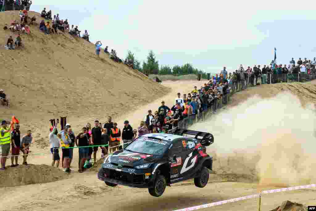 Kalle Rovanpera of Finland and his co-driver Jonne Halttunen of Finland steer their Toyota GR Yaris Rally1 HYBRID during SS17 Krogzemji at the WRC TET Rally Latvia WRC event in Krogzemji, Priekule, Latvia.