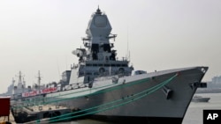 FILE - INS Chennai, a Kolkata class destroyer, is moored at a jetty in Mumbai, India, Nov. 18, 2016.