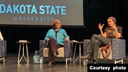 FILE - DSU President José-Marie Griffiths, left, shared the stage at the DakotaCon event at DSU on March 22, 2024, in Madison, S.D., with Jen Easterly, director of the U.S. Cybersecurity and Infrastructure Security Agency. (Bart Pfankuch / South Dakota News Watch)