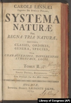 This image provided by the Library of Congress shows the title page of "Systema Naturae," the groundbreaking 1735 book by Carl Linnaeus