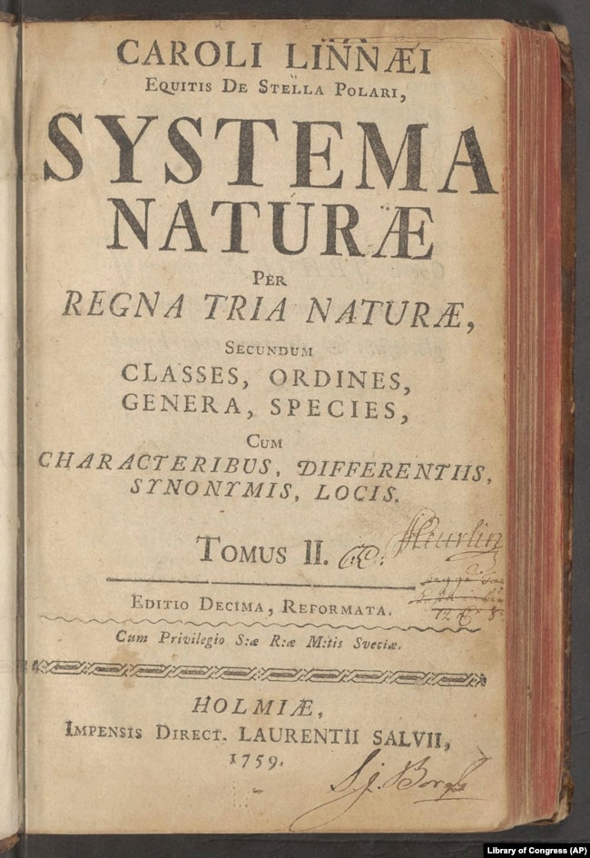 This image provided by the Library of Congress shows the title page of "Systema Naturae," the groundbreaking 1735 book by Carl Linnaeus