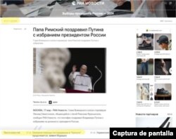 Captura de pantalla del informe de RIA Novosti donde afirma que el papa felicitó a Vladimir Putin por ganar las elecciones presidenciales rusas el 22 de marzo de 2024.