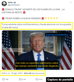 Captura de pantalla de publicación en X, donde aparece el supuesto video de Donald Trump alertando sobre confinamientos, fraude electoral y mpox.