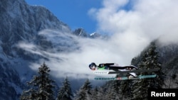 Austria&#39;s Daniel Tschofenig competes during the men&#39;s individual ski jumping of the FIS Ski Jumping World Cup in Planica, Slovenia.
