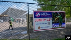 FILE - A sign advertises the Cricket World Cup matches in East Meadow, New York, May 8, 2024.