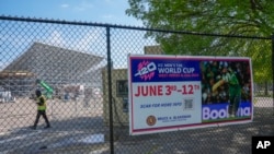 A sign advertises the Cricket World Cup matches in East Meadow, New York, May 8, 2024. 