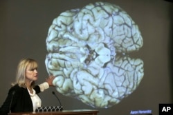 FILE - In this Nov. 9, 2017 photo, Ann McKee, director Boston University's center for research into the degenerative brain disease chronic traumatic encephalopathy, or CTE, addresses an audience on the school's campus.