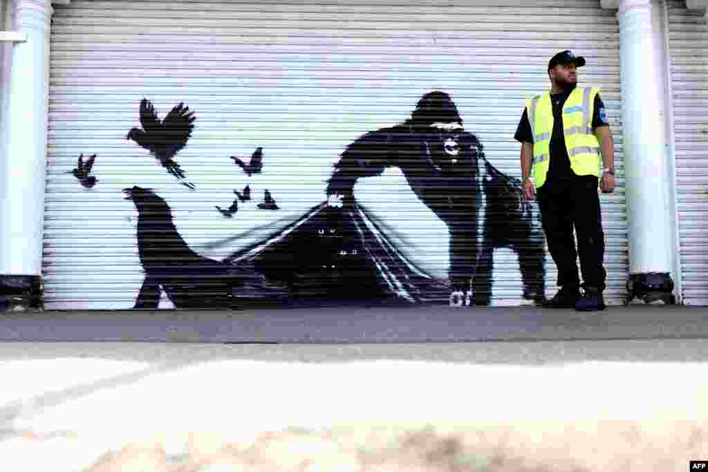 Sebuah karya seni oleh artis jalanan Banksy, yang kesembilan yang dirilis dalam sembilan hari, menggambarkan seekor gorila melepaskan hewan, di bagian depan jendela di luar kebun binatang London. (AFP)&nbsp;