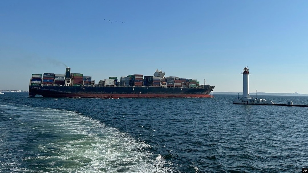 Cargo ships anchored near a Ukrainian Black Sea port as geopolitical tensions disrupt international grain exports.