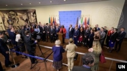 린다 토머스-그린필드 유엔주재 미국대사가 1일 뉴욕 유엔본부에서 미한일 등 50개국이 동참한 공동성명을 발표하고 있다. (자료사진)