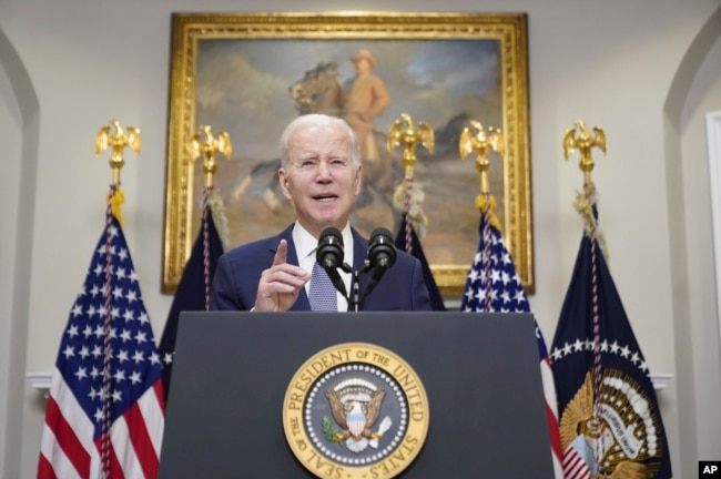 President Joe Biden speaks about the banking system in the Roosevelt Room of the White House, Monday, March 13, 2023 in Washington. (AP Photo/Andrew Harnik)