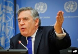 FILE - Gordon Brown, United Nations Special Envoy for Global Education, holds a news conference at U.N. headquarters, Sept. 16, 2016.