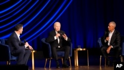 President Joe Biden speaks during a campaign event with former President Barack Obama moderated by Jimmy Kimmel at the Peacock Theater, June 15, 2024, in Los Angeles. 