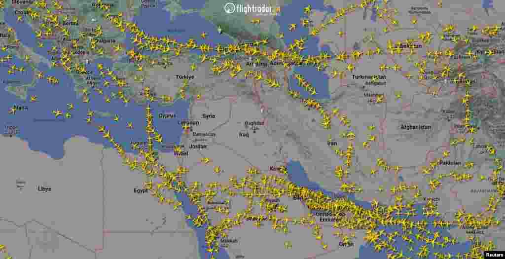 A graphical representation of air traffic shows airspace over Iran and the neighboring Middle East at 0000 GMT, April 14, 2024. (Flightradar24.Com/Handout via Reuters)