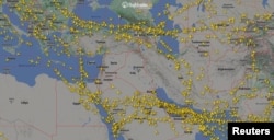 Air traffic map showing airspace over Iran and the adjacent Middle East at 0000 GMT on 14 April 2024.  (Handout from Flightradar24.Com/Reuters)