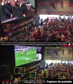 Comparación del video falso (arriba) que circula en X y del video real (abajo) de una celebración de un gol de Inglaterra contra Gales en la Euro de 2016. Los recuadros corresponden a las coincidencias del video falso y del verdadero.