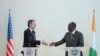 US Secretary of State Antony Blinken and President of Ivory Coast Alassane Ouattara shake hands after they delivered remarks following their meeting at the Residence of President in Abidjan, Jan. 23, 2024. 