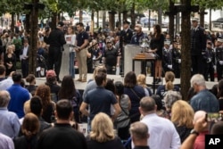 Names of victims are read during the commemoration ceremony on the 22nd anniversary of the Sept. 11, 2001, terror attacks on Monday, Sept. 11, 2023, in New York.