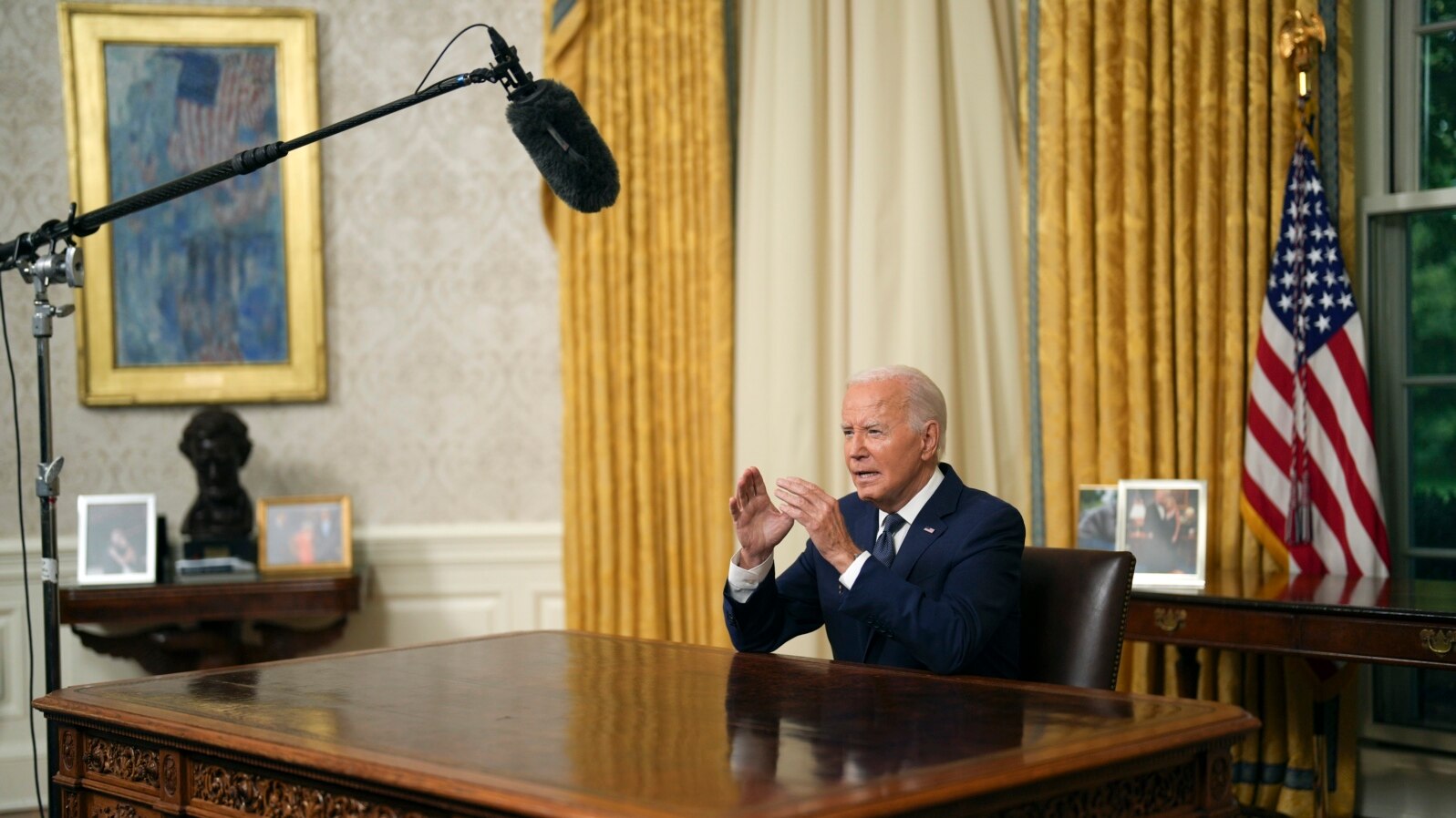 U.S. President Joe Biden addresses the nation from the White House in Washington, July 14, 2024, about the assassination attempt of Republican presidential candidate former President Donald Trump. (Erin Schaff/The New York Times via AP, Pool)